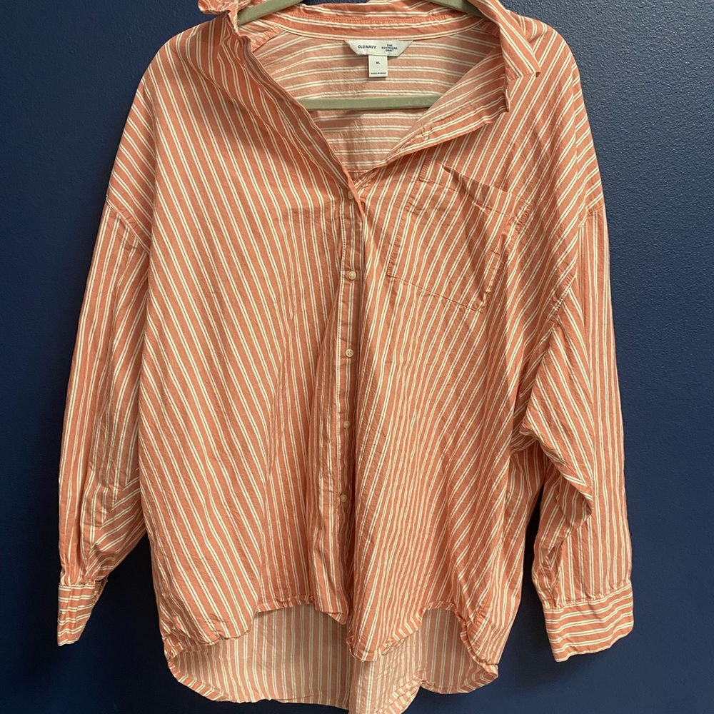 Old Navy Women's Red/Orange Striped Button-Down Shirt